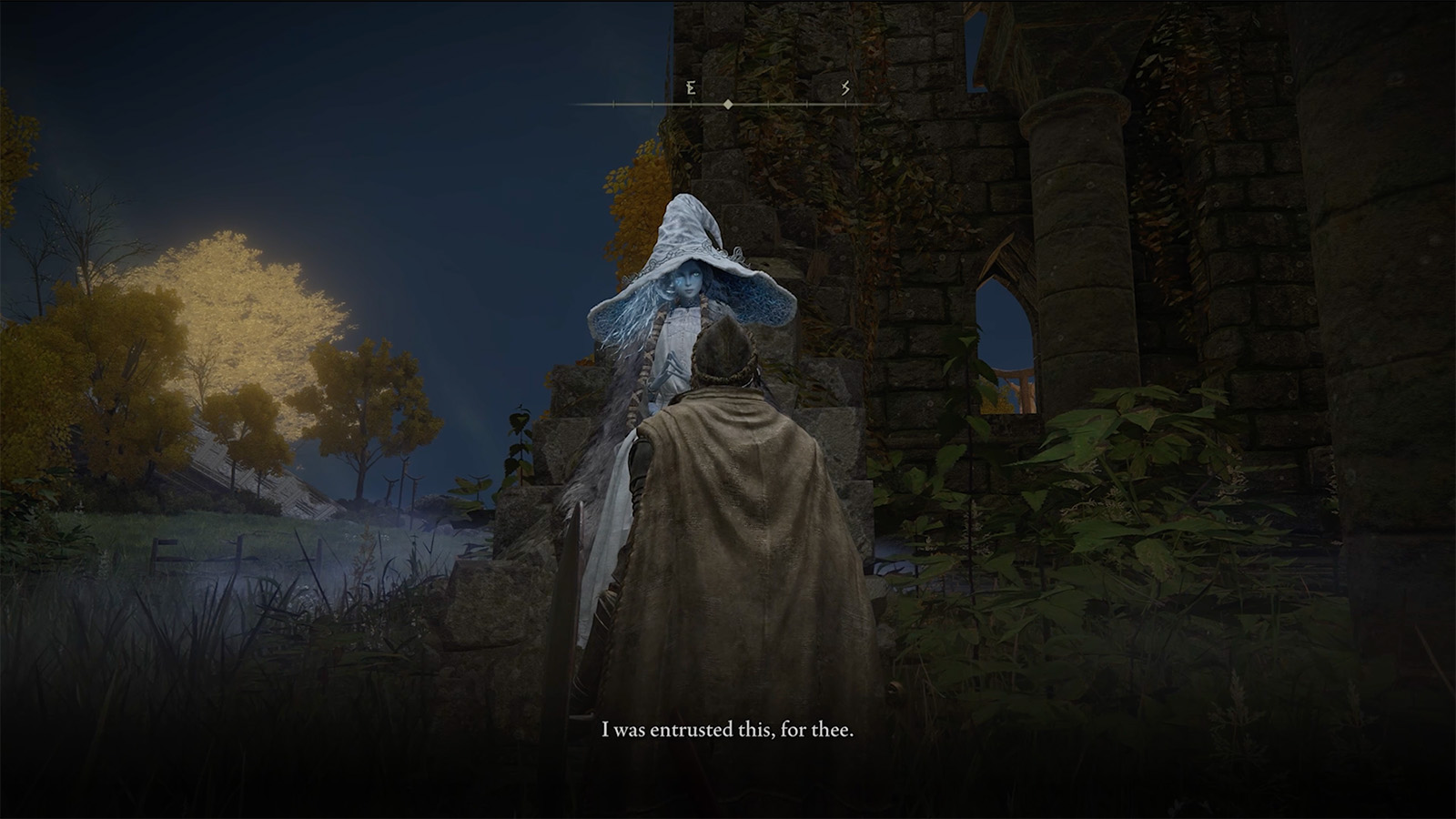 A screenshot from Elden Ring showing my character meeting Renna.