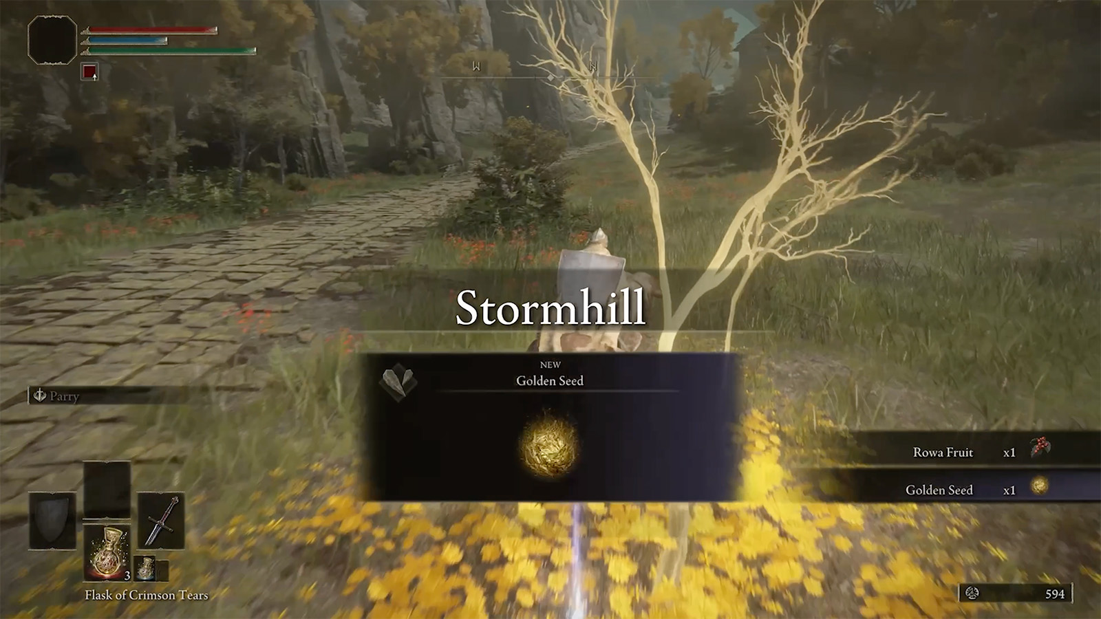 A screenshot from Elden Ring showing me riding up to Stormhill and grabbing a Golden Seed.