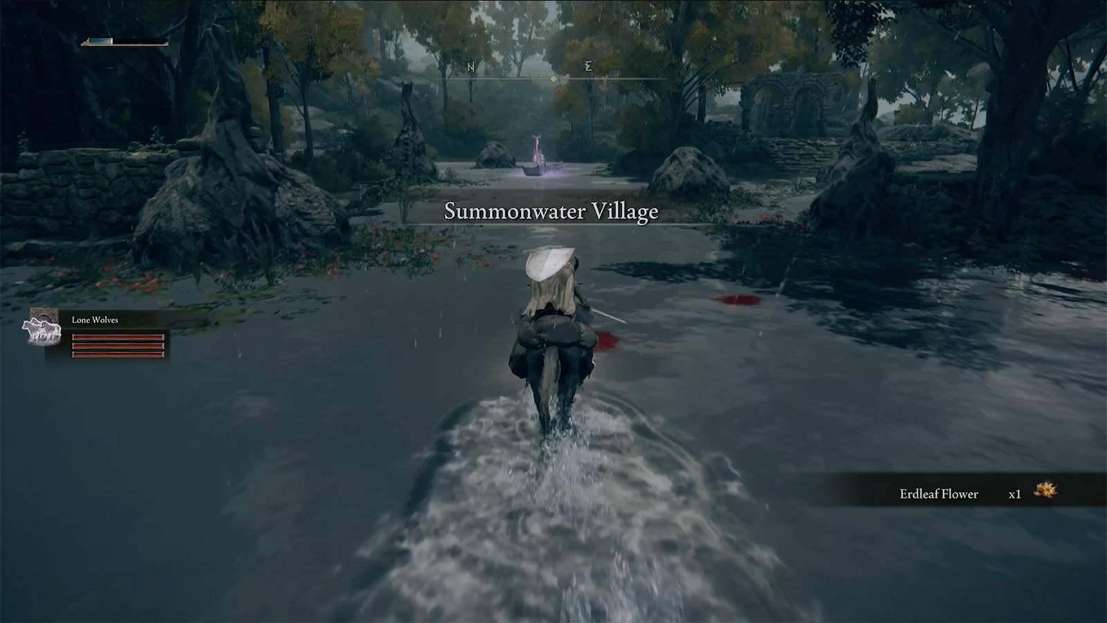 A screenshot from Elden Ring showing the Tibia Marina boss fight in Summonwater Village.