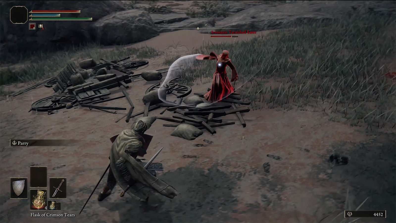 A screenshot from Elden Ring showing the Anastasia, Tarnished Eater invasion.