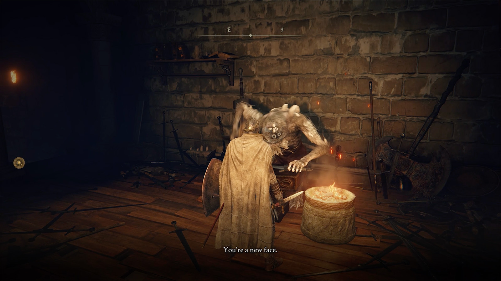 A screenshot from Elden Ring showing Master Hewg at the Roundtable Hold.