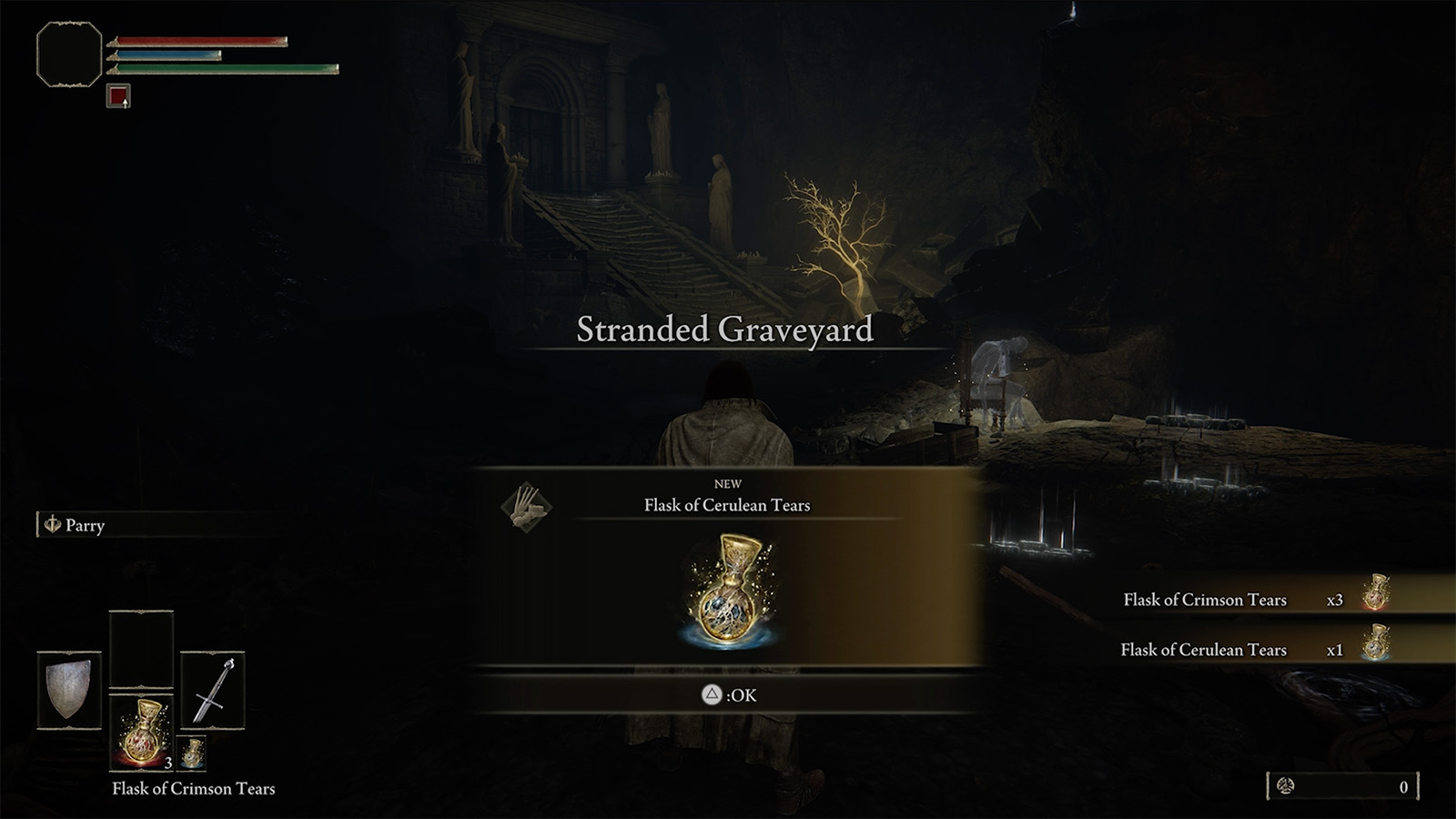 A screenshot from Elden Ring showing the Stranded Graveyard tutorial.