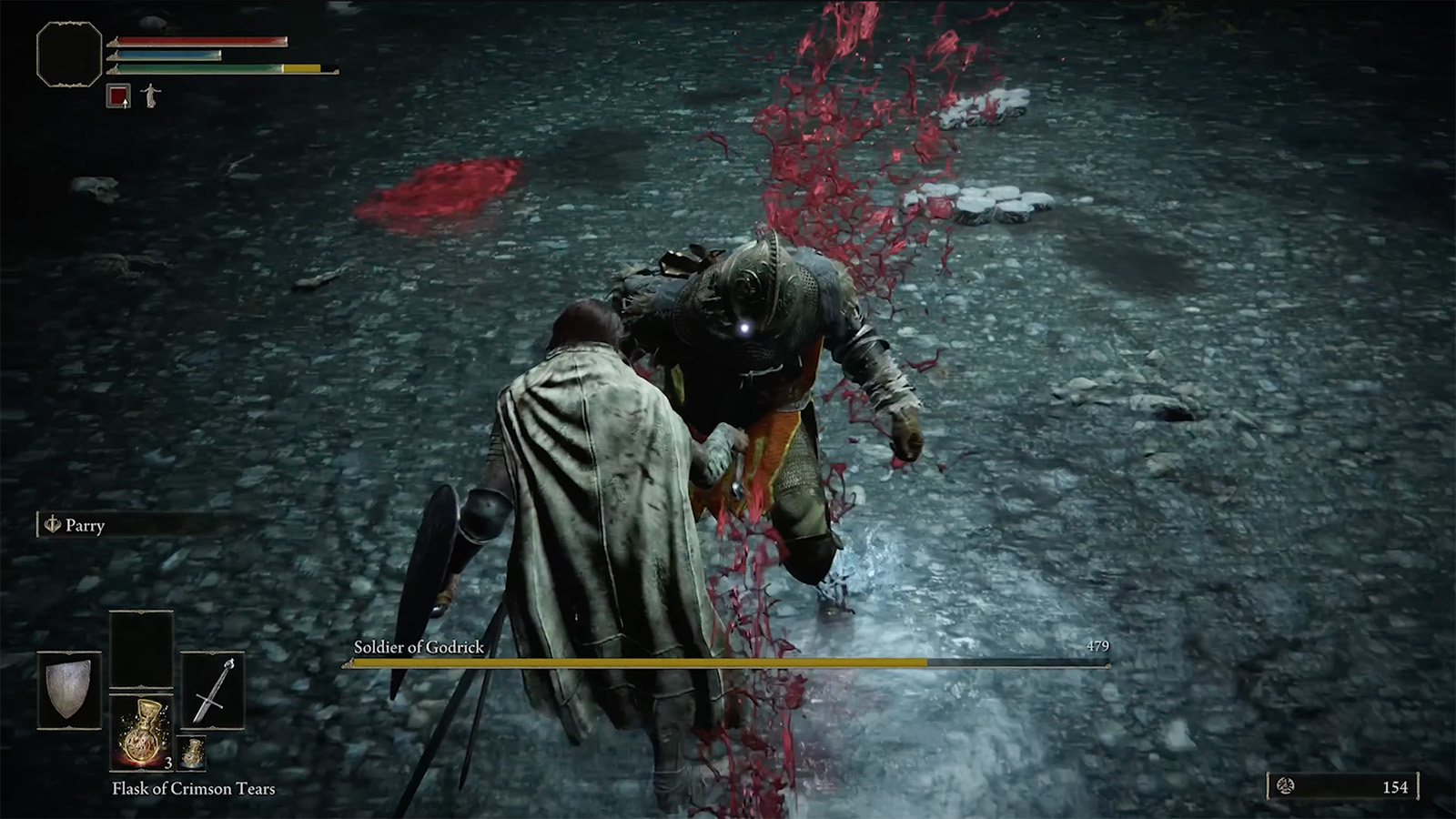 A screenshot from Elden Ring showing the Soldier Of Godrick boss fight.