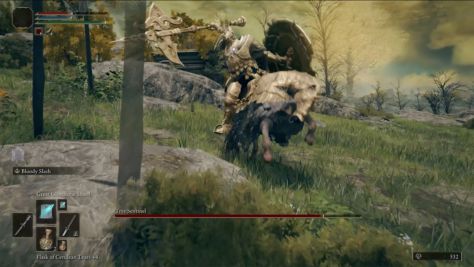 A screenshot from Elden Ring showing the Tree Sentinel boss fight.