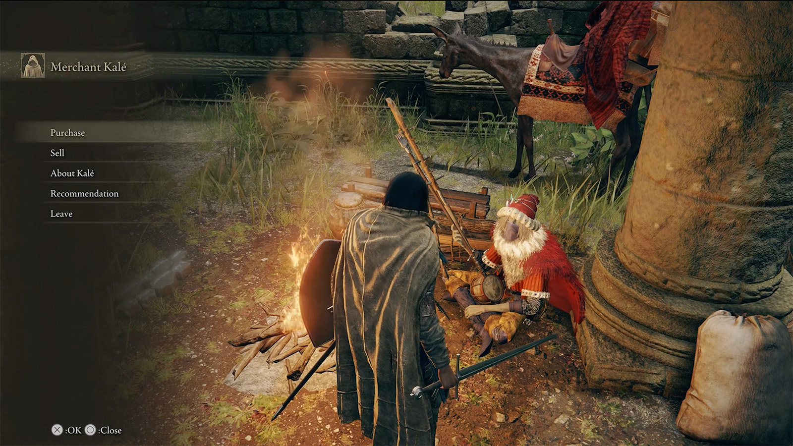 A screenshot from Elden Ring showing Merchant Kale.