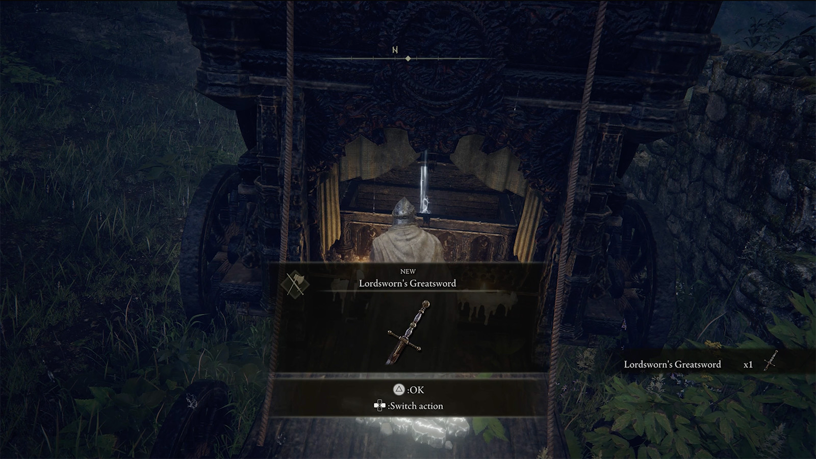 A screenshot from Elden Ring showing my character unlocking the Lordsworn's Greatsword.