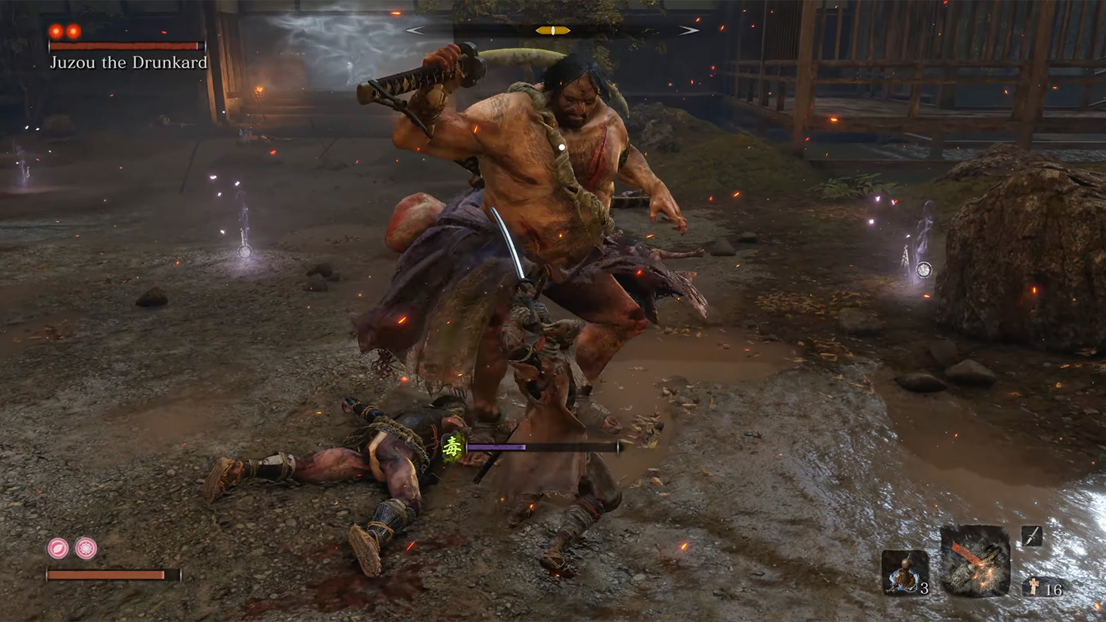A screenshot of mini-boss Juzou the Drunkard at Hirata Estate in Sekiro.