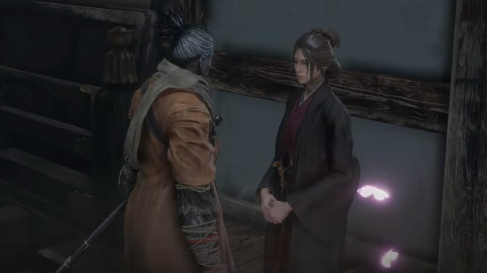 A screenshot from Sekiro of the Wolf speaking with Emma.
